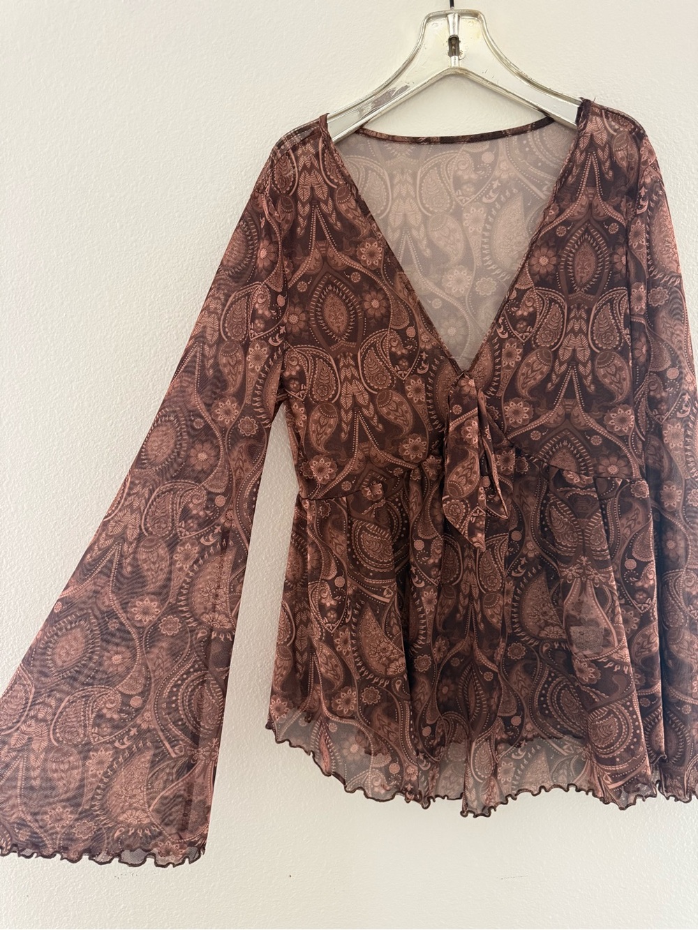 Brown Paisley Tie-Front Women's Blouse with Bell Sleeves